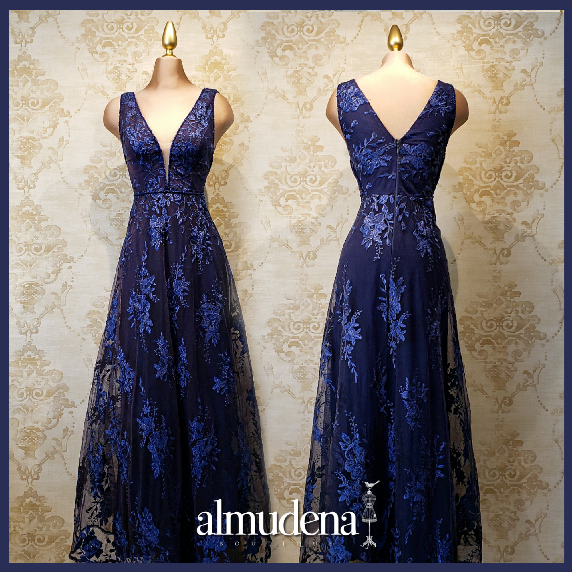 Aptitud perfume desfile Vestido Azul Marino Largo Encaje de Fiesta - Almudena Boutique - Ropa para  mujer, Vestidos cortos, de noche y para novias