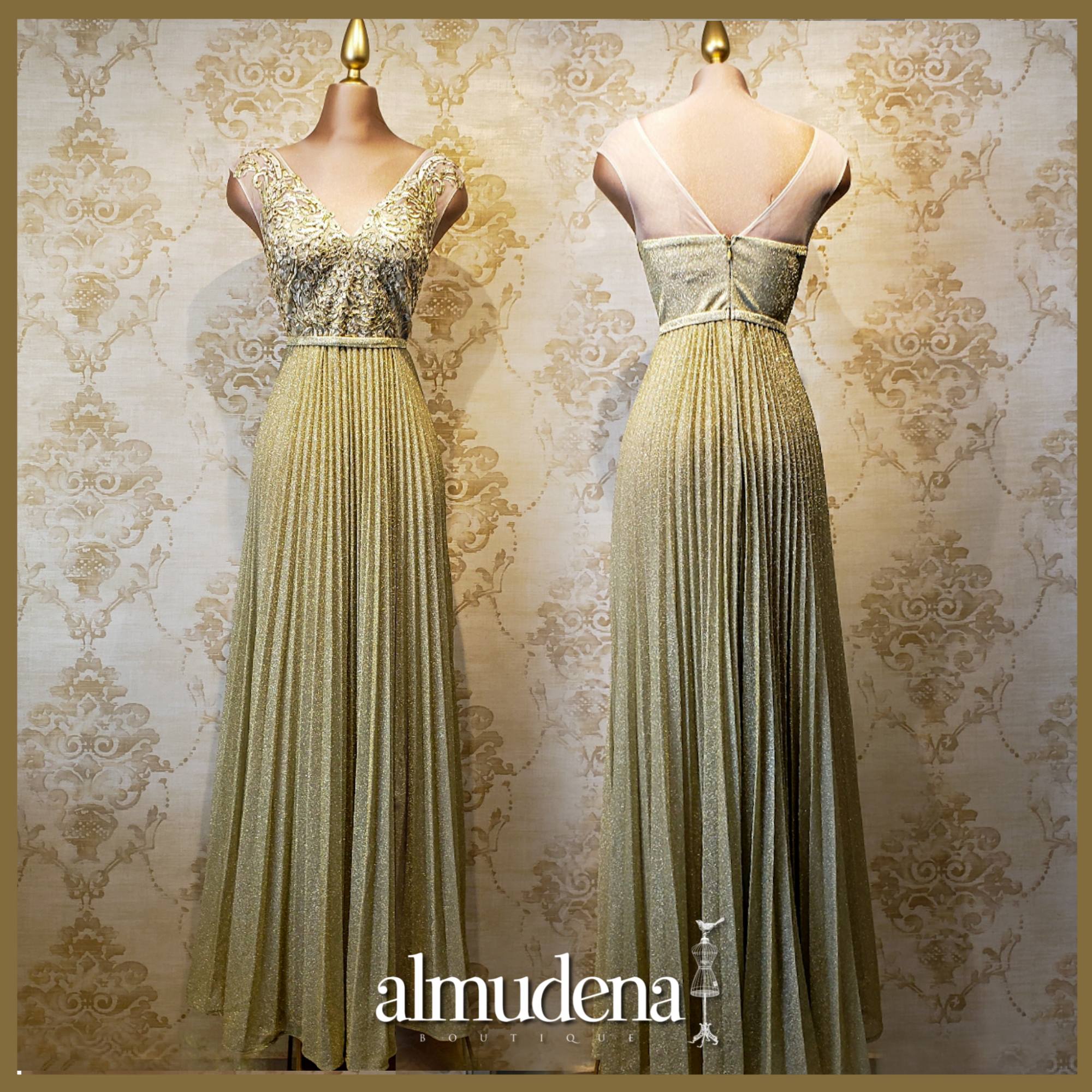 Vestido Oro Largo con Elegante - Almudena Boutique - Ropa para mujer, Vestidos cortos, de noche para novias