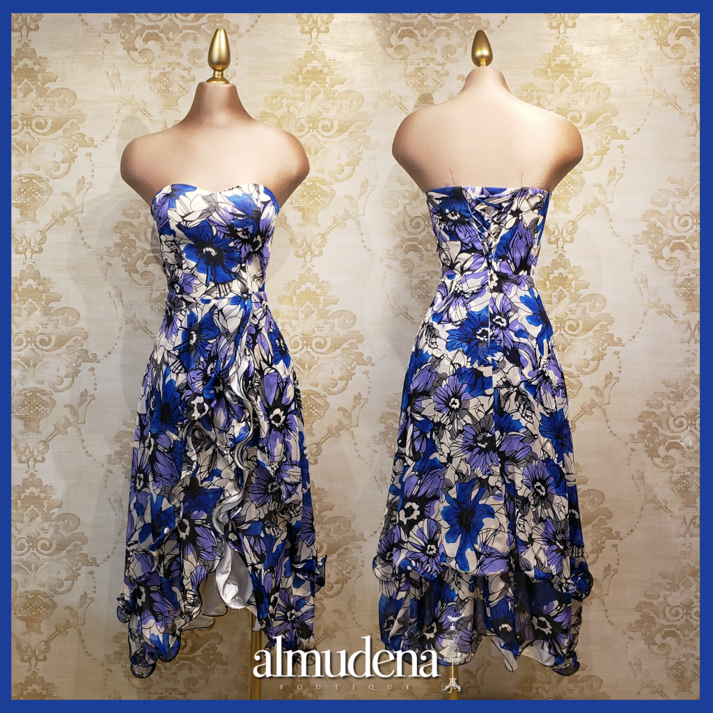 Vestido Azul Largo con Estampado Blanco de Flores - Almudena