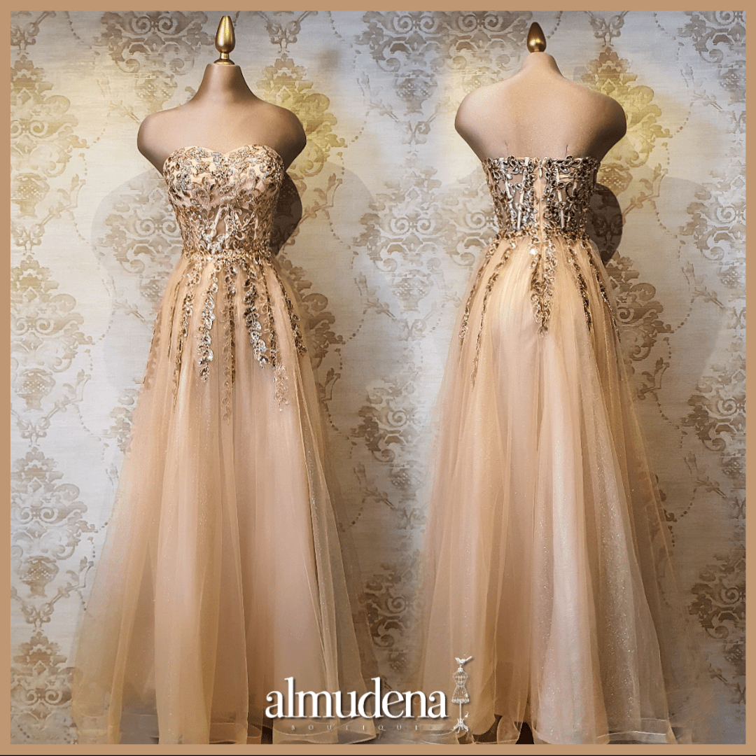 Vestido Oro Largo Strapless de Fiesta Elegante - Almudena Boutique - Ropa  para mujer, Vestidos cortos, de noche y para novias