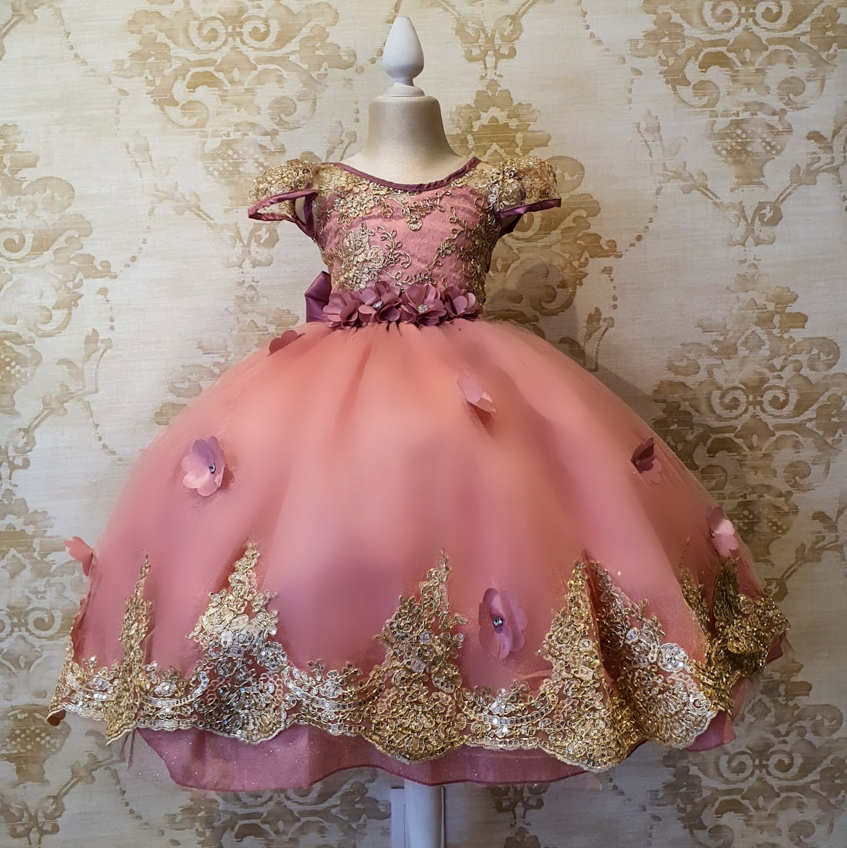 Vestido de Niña Fiesta Rosa Palo Oro Manga Elegante Talla 2 a Años -