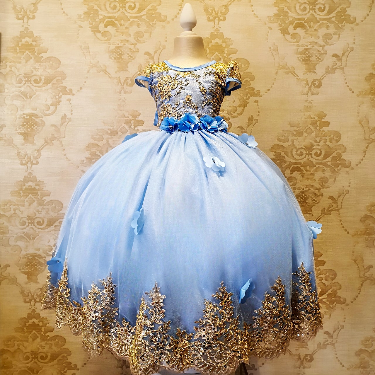 Vestido de Niña Fiesta Azul Cielo Oro Elegante Talla 2 a 12 Años -