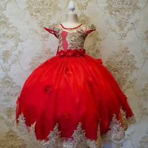 Vestido de Niña Rojo con Oro Manga Elegante Talla 2 a 12 -